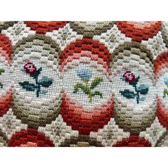 Needlepoint and crewel throw pillow orange flowers gray cream - Picture 2 of 6